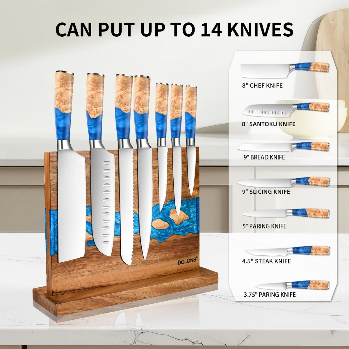 DOLONS spacious front-back knife storage optimizes counter organization.
