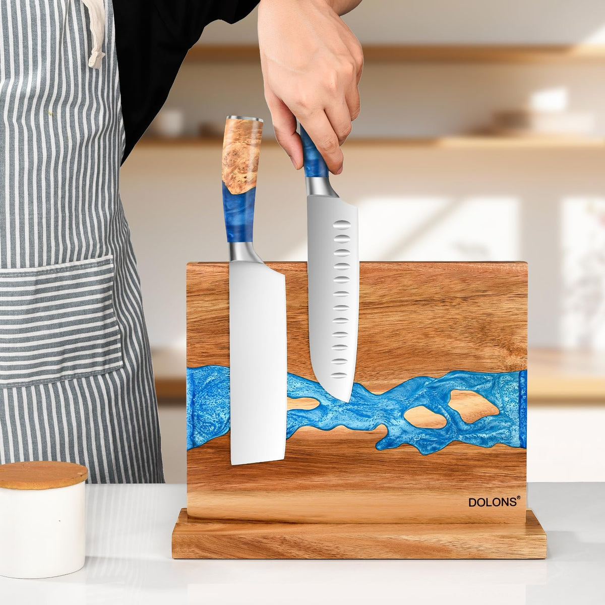 DOLONS knife block with solid wood base provides stable counter storage.