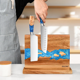 DOLONS knife block with solid wood base provides stable counter storage.
