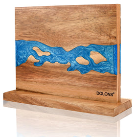 DOLONS magnetic knife block in acacia wood with blue resin for organized kitchen readiness.