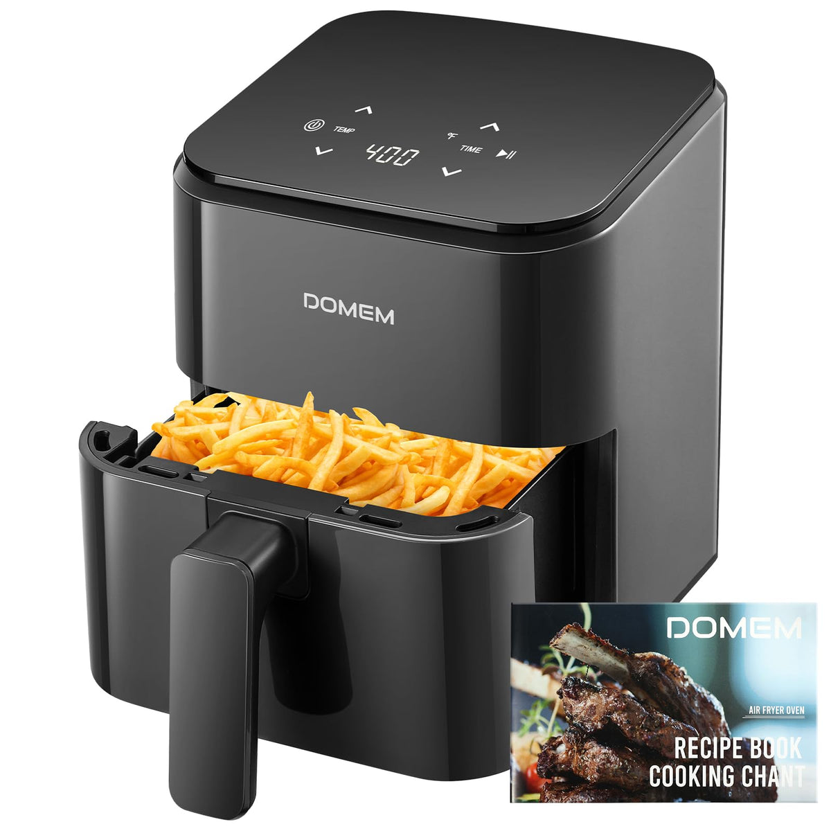 DOMEM 3 Qt compact air fryer front view, space-saving design for small kitchens.