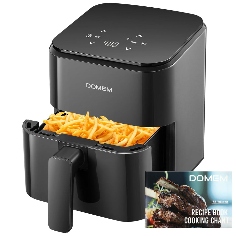 DOMEM 3 Qt compact air fryer front view, space-saving design for small kitchens.