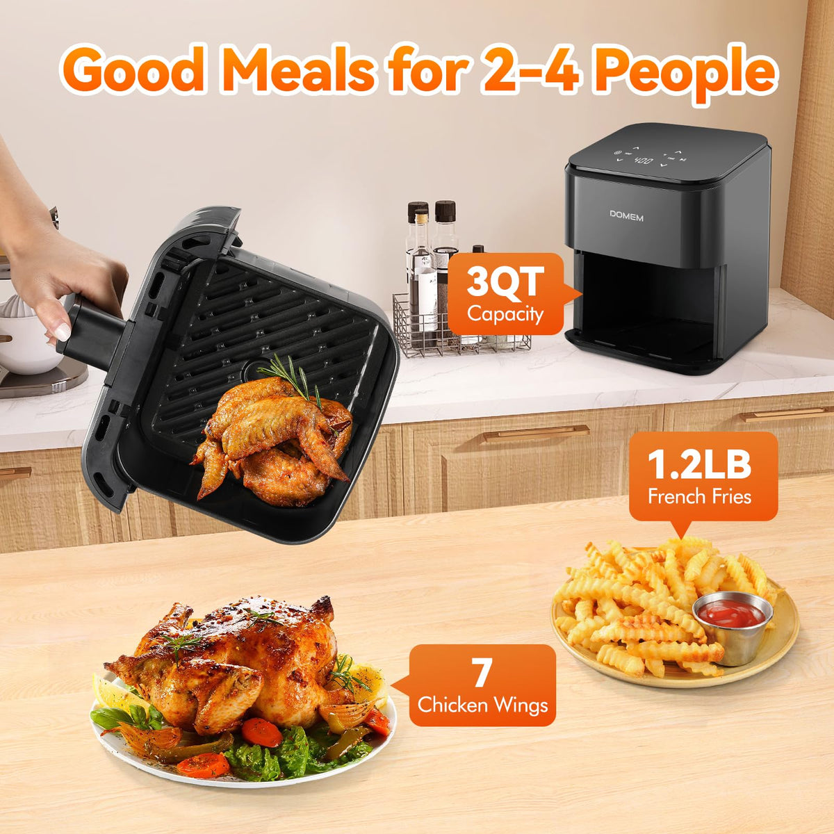 DOMEM 3 Qt air fryer touchscreen panel, simple six-button control for quick meals.