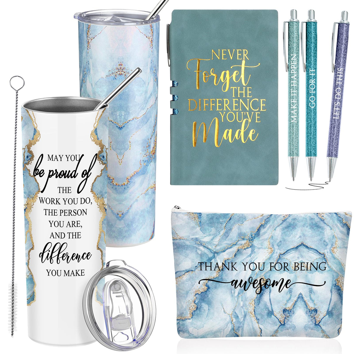 Domensi 20oz rustic marble tumbler with blue finish keeps beverages cool during long workdays.