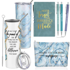 Domensi 20oz rustic marble tumbler with blue finish keeps beverages cool during long workdays.