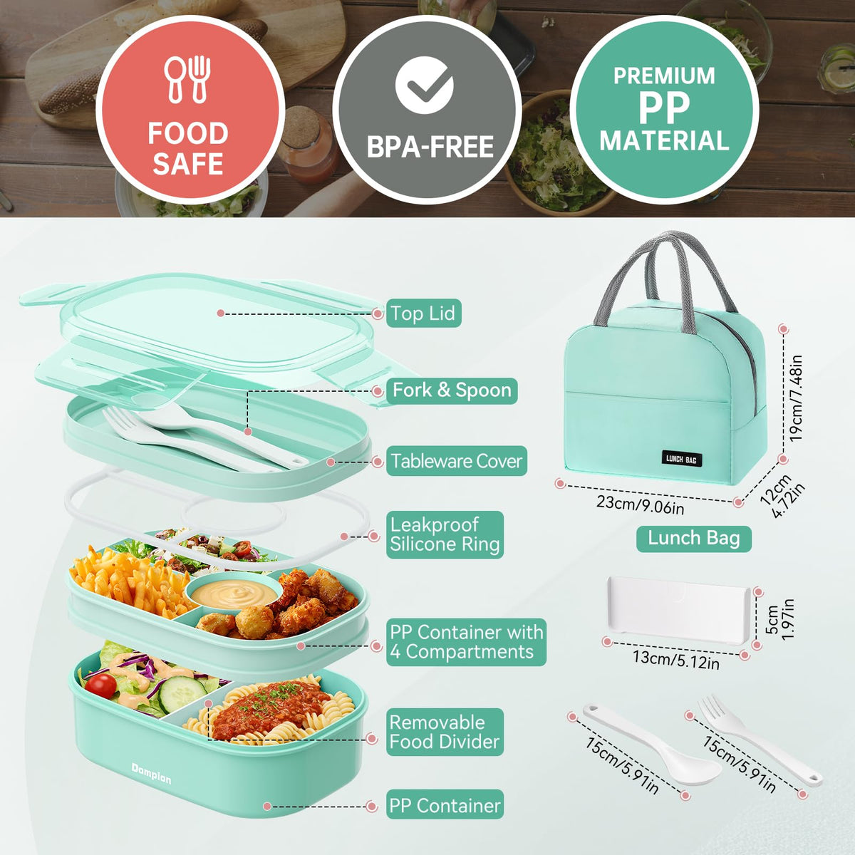 Dompion Bento Box stackable design saves space in bags and fridges.