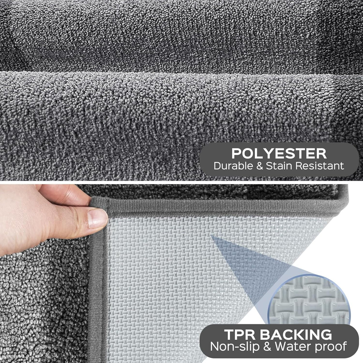 DOMUSTEX rug back with non-slip backing ensures safety on slippery floors.