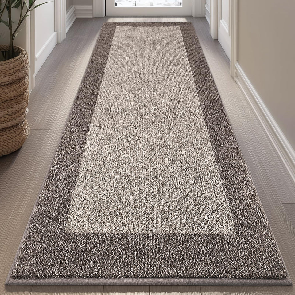 DOMUSTEX machine-washable kitchen rug in roll packing for easy storage.