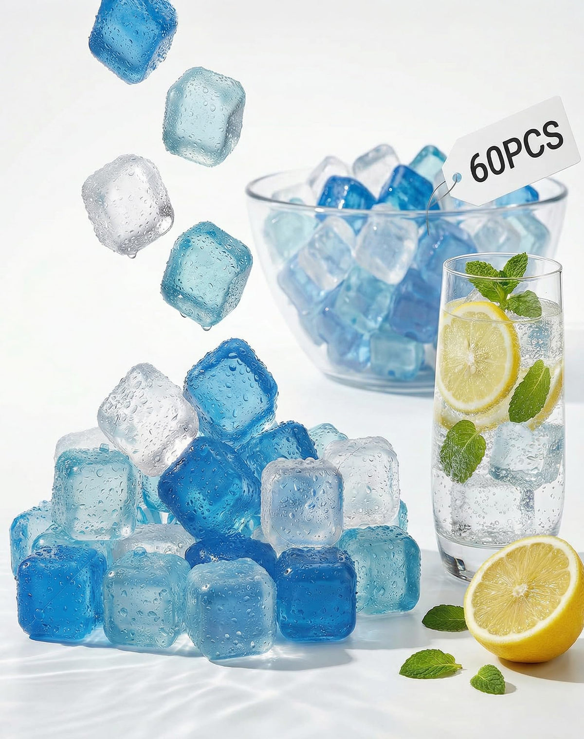 Dooeant reusable ice cubes in a 60-pack cooling drinks without dilution.