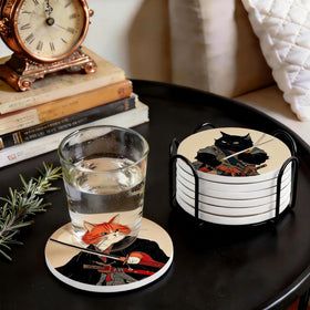 Dooke coasters with Japanese cat pattern brighten living room decor.