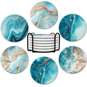 DOOKE round ceramic teal-marble coaster for drinks absorbs moisture and protects surfaces.
