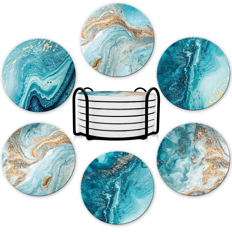 DOOKE round ceramic teal-marble coaster for drinks absorbs moisture and protects surfaces.