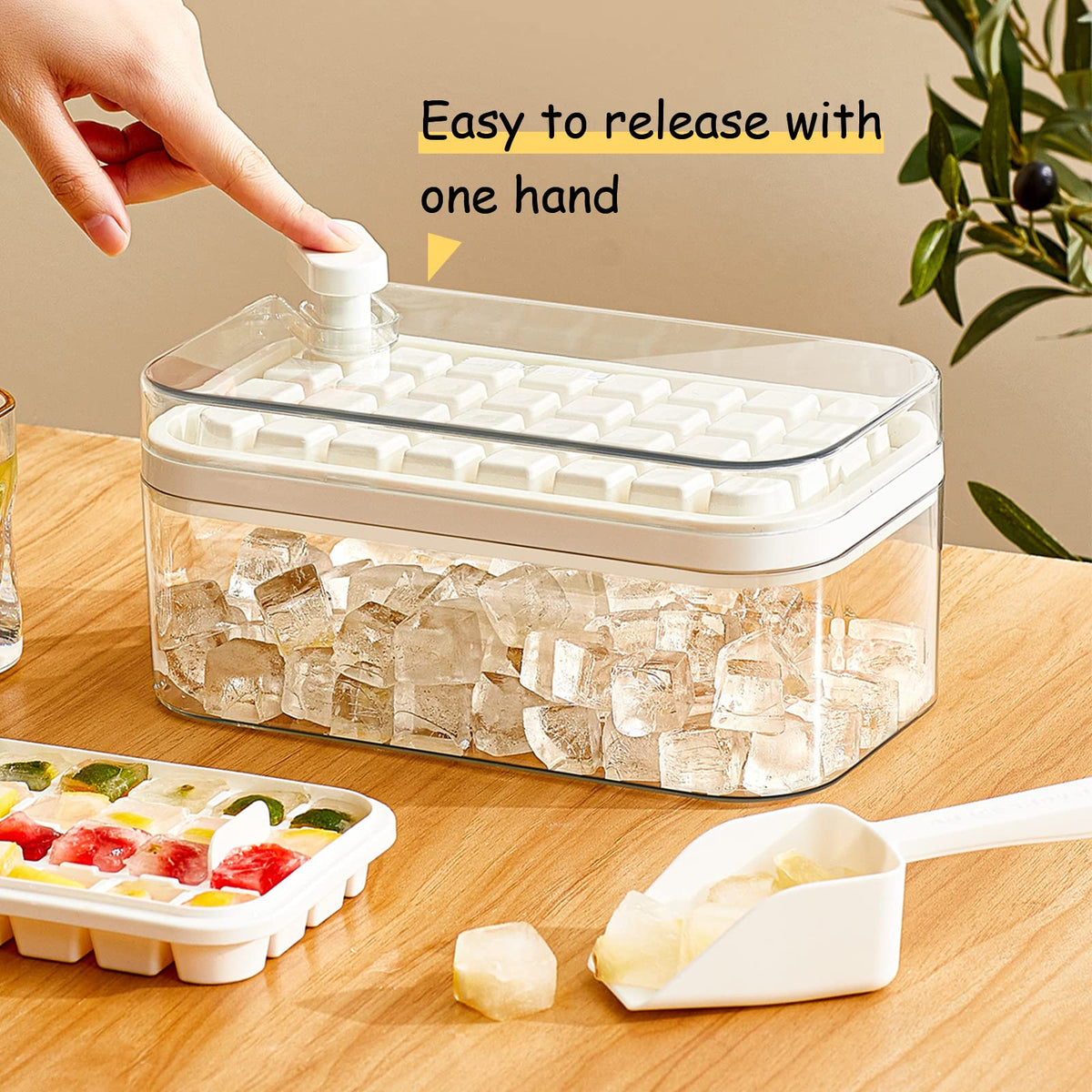 Doonly freezer storage container and lid keeps ice cubes organized.