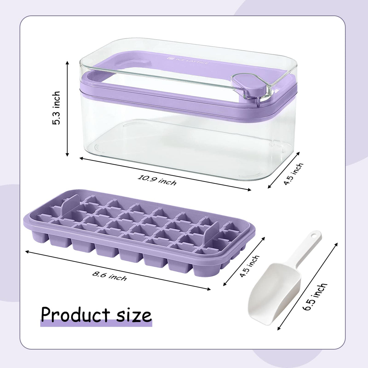 Dooonly purple ice cubes in bin, organized storage between uses.