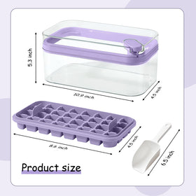 Dooonly purple ice cubes in bin, organized storage between uses.