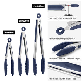 Doosu kitchen tongs silicone tips provide heat resistance and non-scratch use.