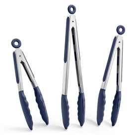 Doosu kitchen tongs with a stainless steel body for sturdy, heavy lifting.