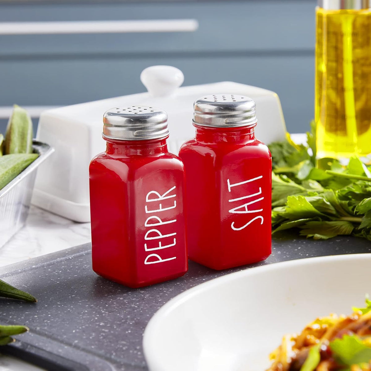 Dopeca red glass shakers complement vintage, farmhouse, and modern kitchens alike
