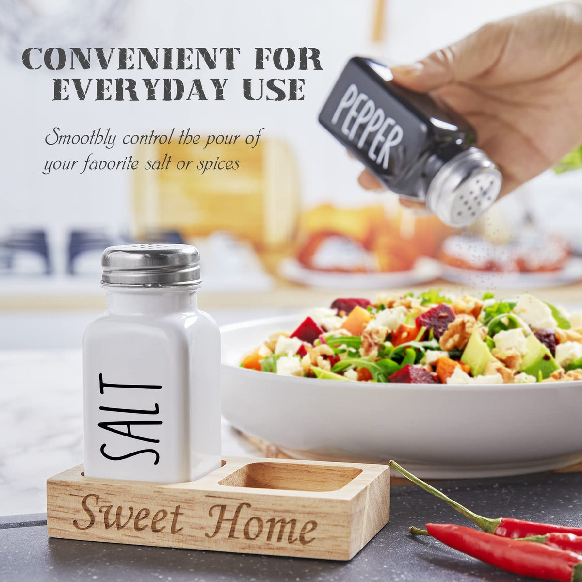 Dopeca salt and pepper shakers in black and white add chic kitchen decor
