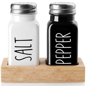 Dopeca salt and pepper shakers with wood caddy on counter for organized seasoning