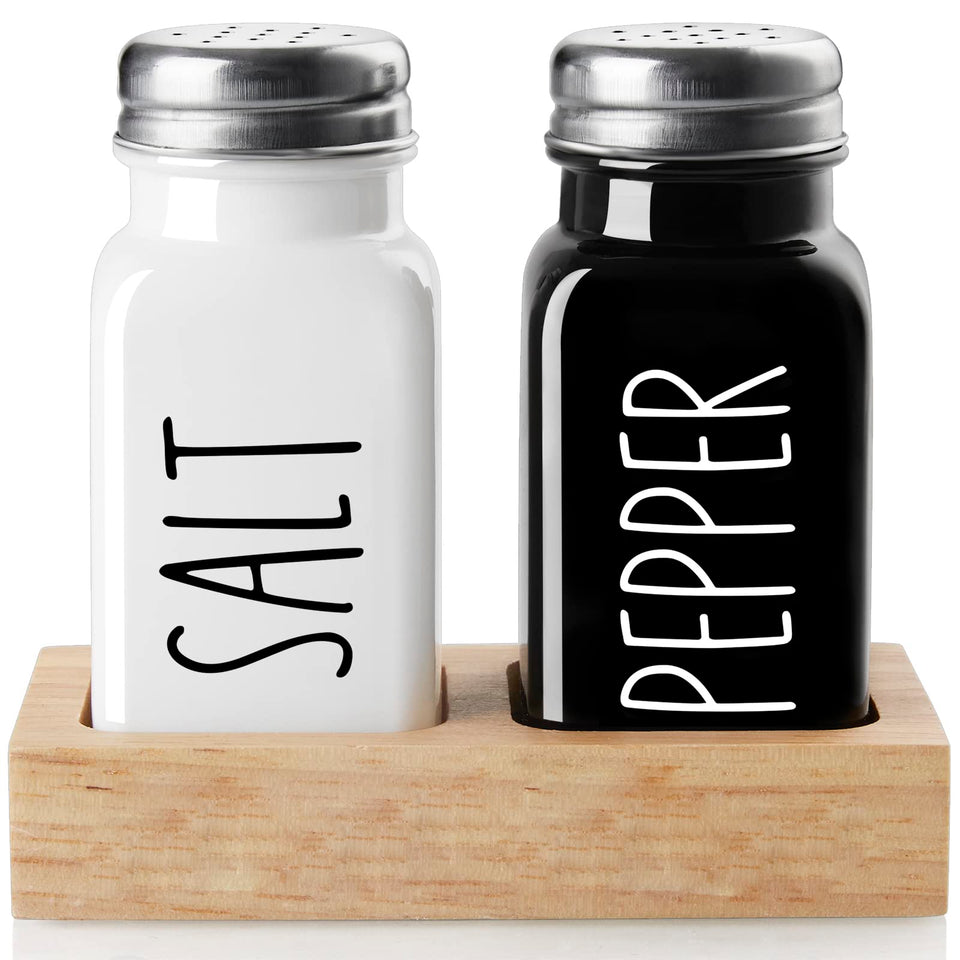 Dopeca salt and pepper shakers with wood caddy on counter for organized seasoning
