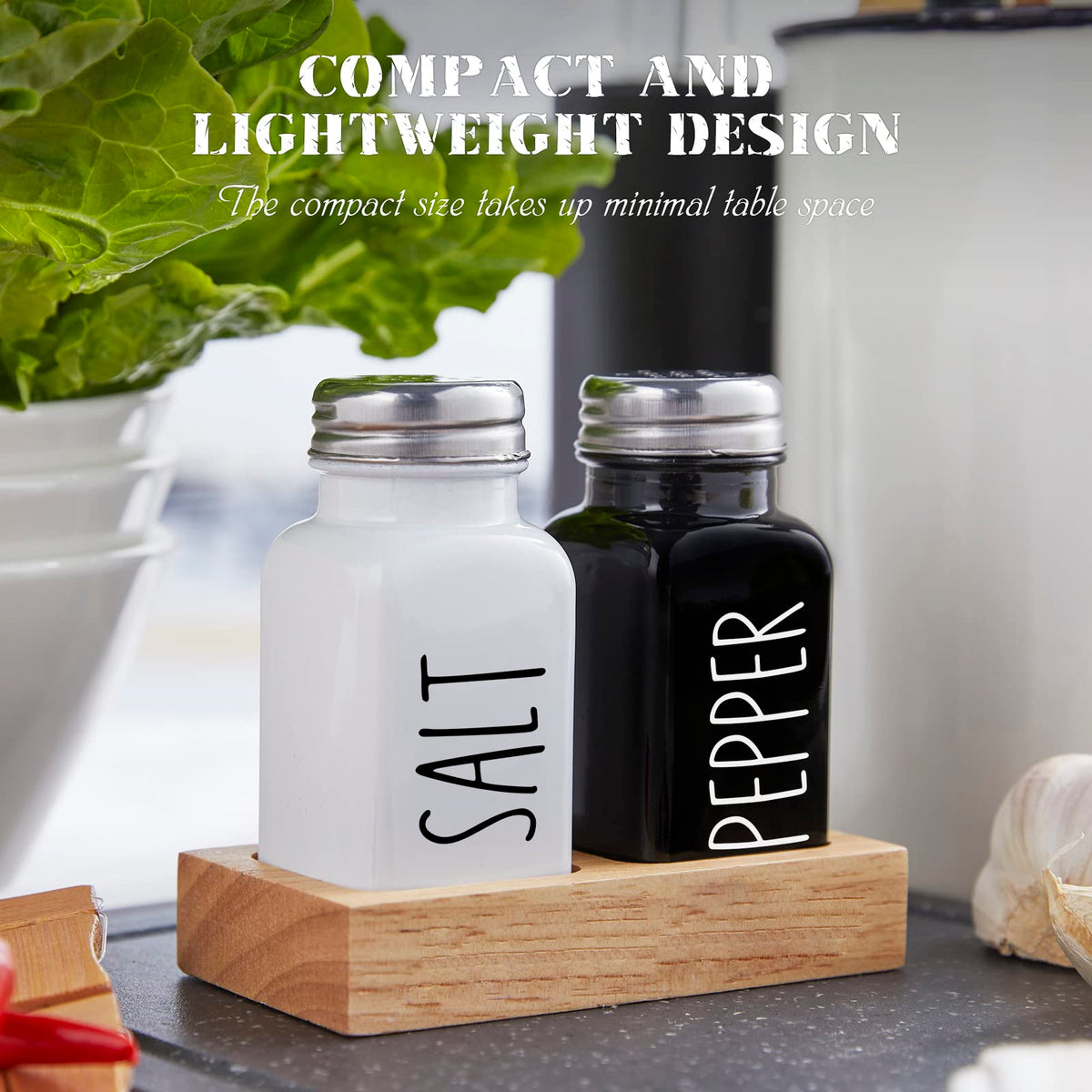 Dopeca salt and pepper set neatly stored in wood caddy on the counter