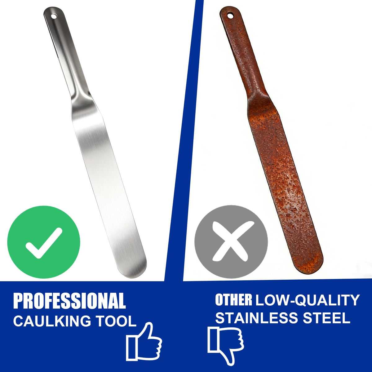 Caulking spatula set with 1-1/2 inch width for broader joints and edges.