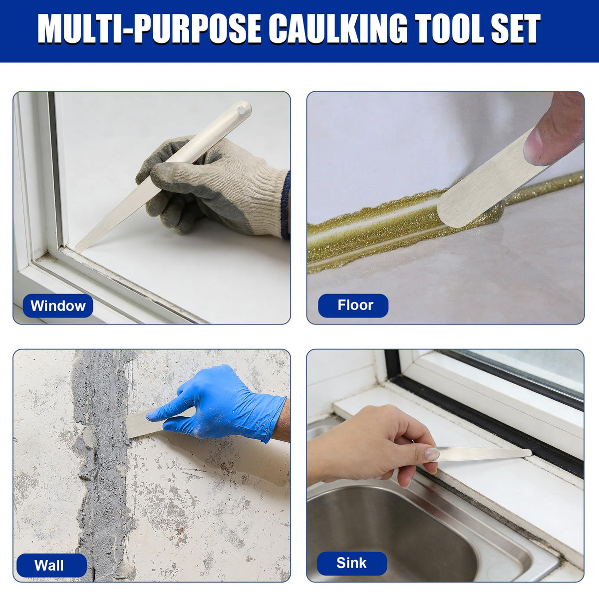 Stainless steel blade spanning 3/8 inch for smooth caulking and sealing.