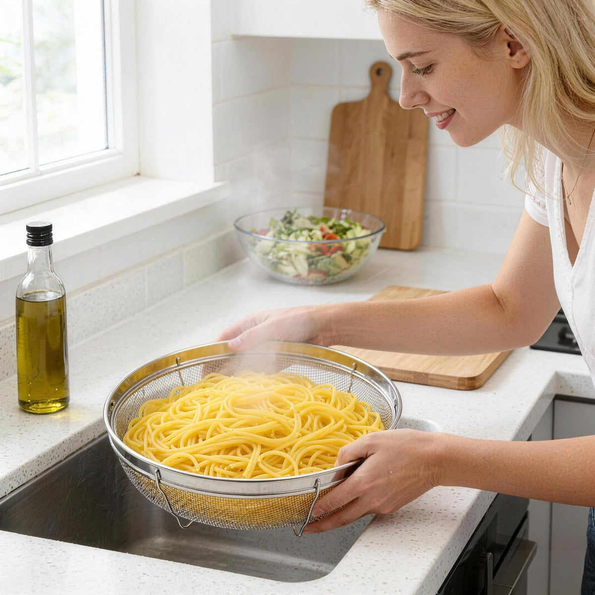 DOPMEP dishwasher-safe colander cleans quickly and stores neatly.