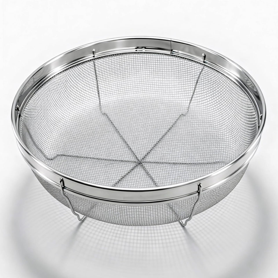DOPMEP fine mesh strainer with nine-point-eight-four-inch diameter for fast draining.