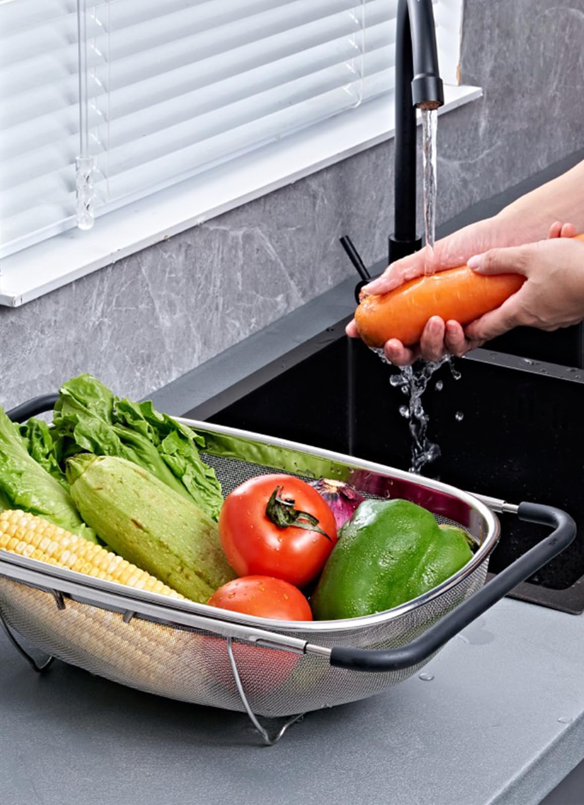 DOPMEP hands-free colander rests over sink for multitasking