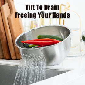 DOPMEP stainless-steel-quinoa-washing-bowl keeps produce clean with durable, mirror finish.