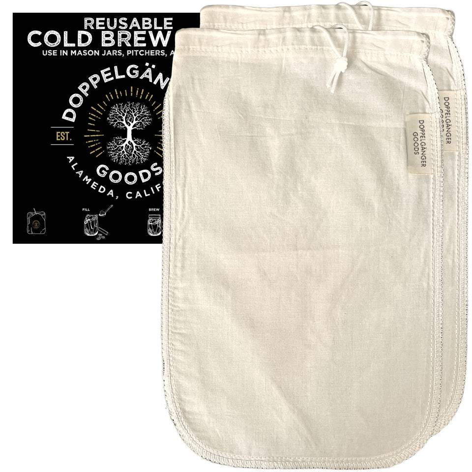 Doppeltree organic cotton cold brew bag with wide opening aids quick pouring and filtration.