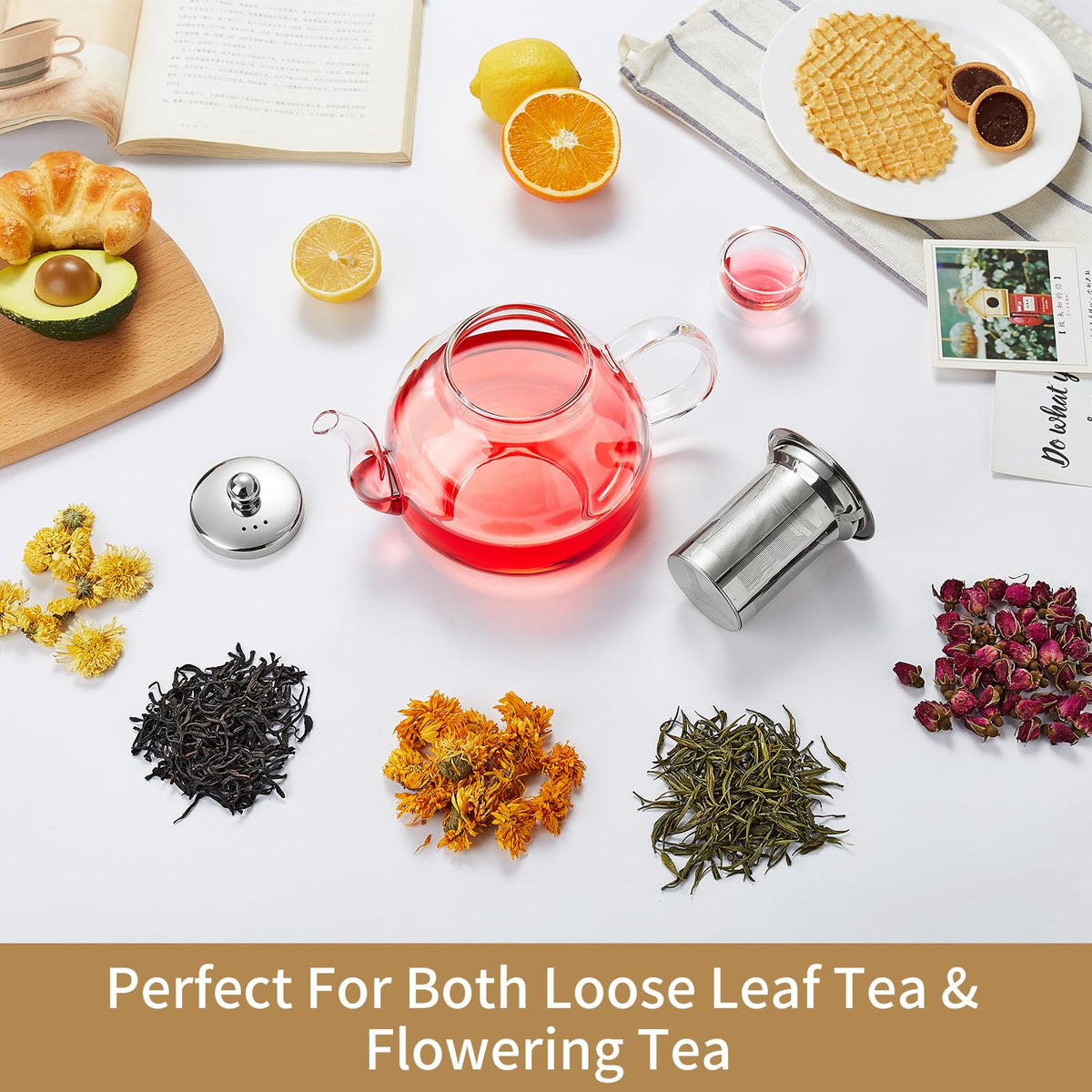 DOPUDO clear glass teapot showcases blooming tea colors.
