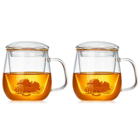 DOPUDO glass teacups 2-pack with infuser and lid, showing vibrant tea colors during brew