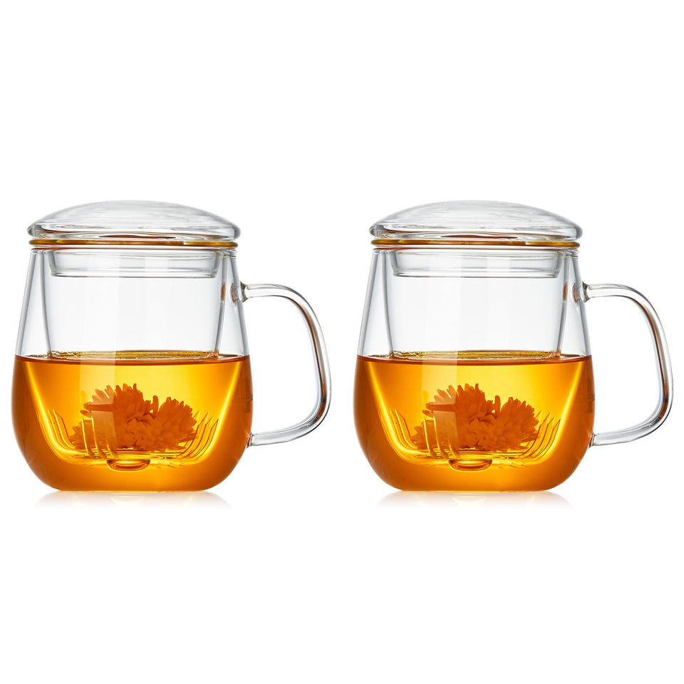 DOPUDO glass teacups 2-pack with infuser and lid, showing vibrant tea colors during brew