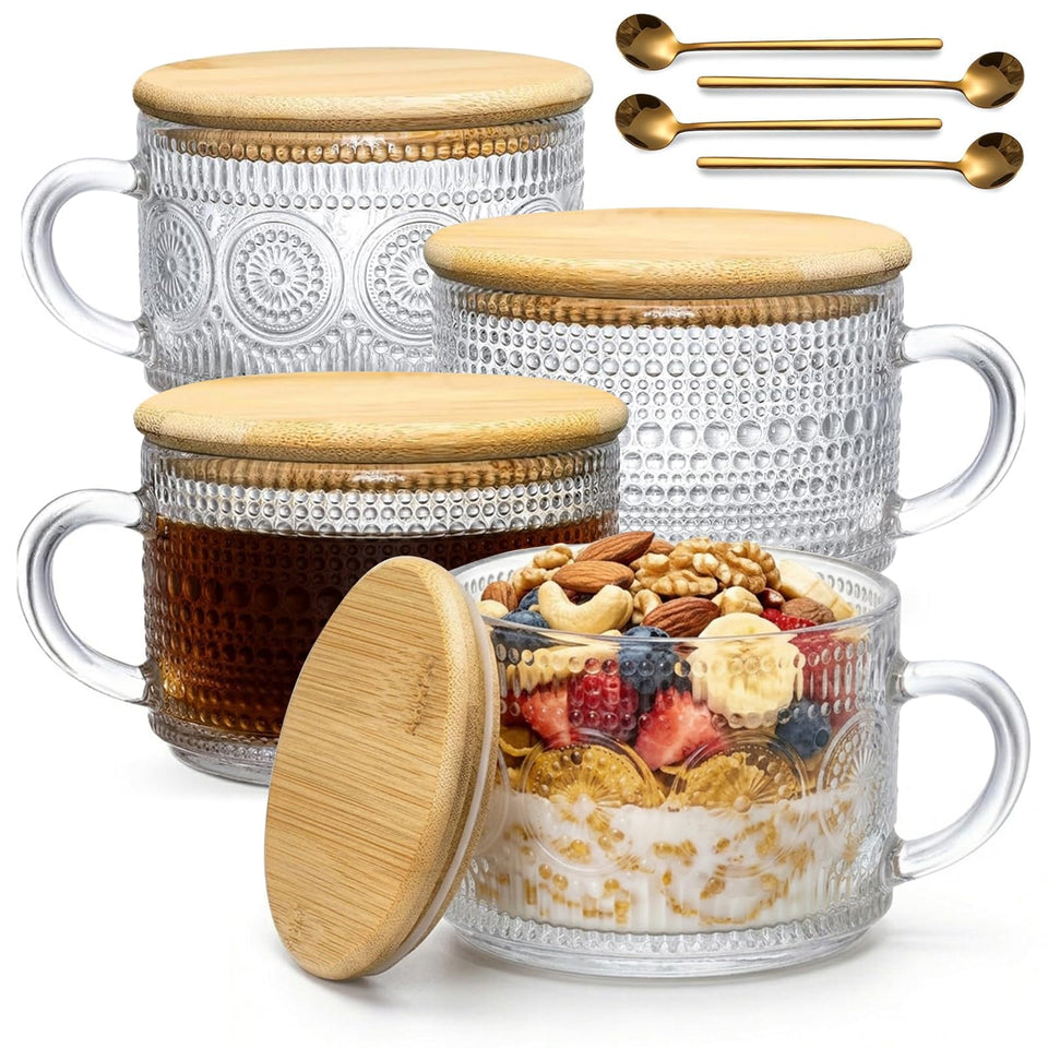 DOPUDO vintage glass coffee mug with lid and spoon for spill-free hot drinks.