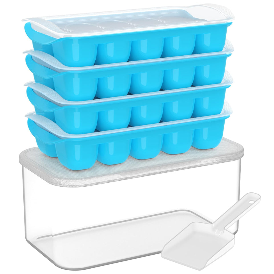 DOQAUS ice tray with lid and bin for organized freezer storage.