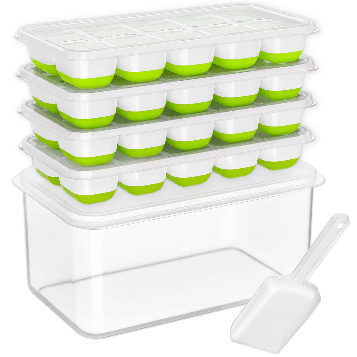 DOQAUS ice tray with lid and bin for organized freezer storage and quick ice access