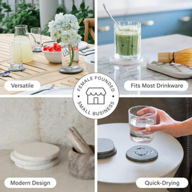 Dorai coasters showcase Diomat technology for fast moisture drying.