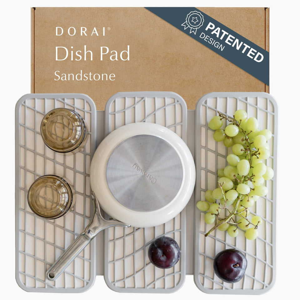 Dorai Home Dish Pad collapsible stone drying mat demonstrates quick-dry efficiency for clean counters.