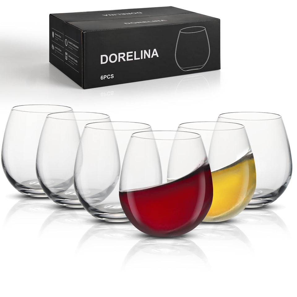 DORELINA stemless wine glasses set of 6 showing 15oz capacity with a modern crystal-inspired look