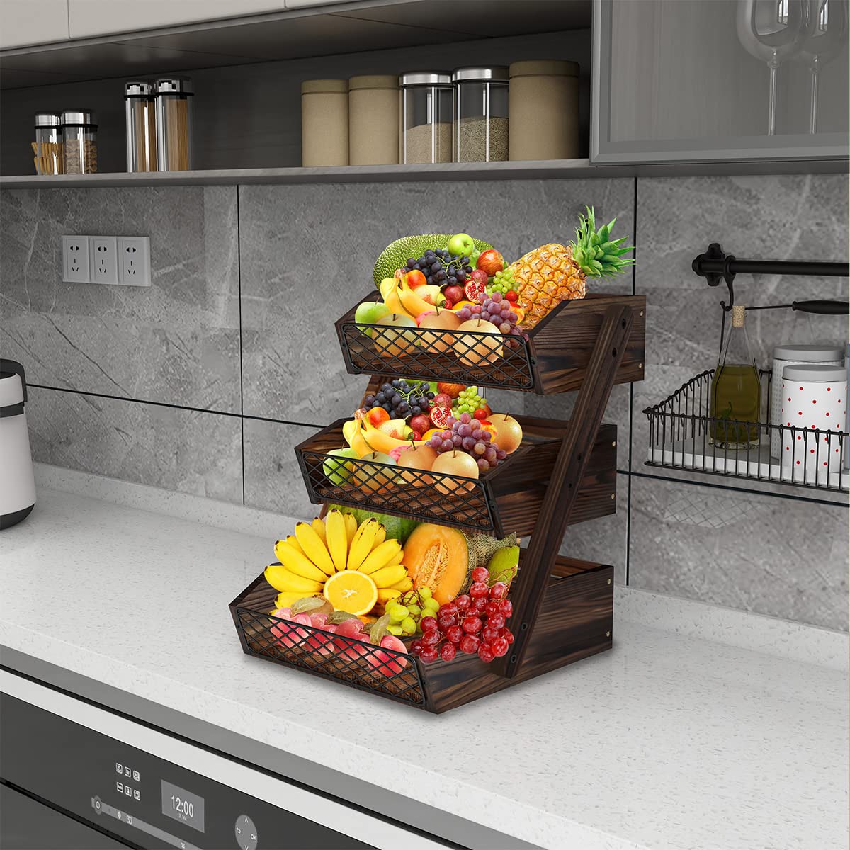 Dorhors 3-tier fruit basket from the front view fits counter space stylishly.