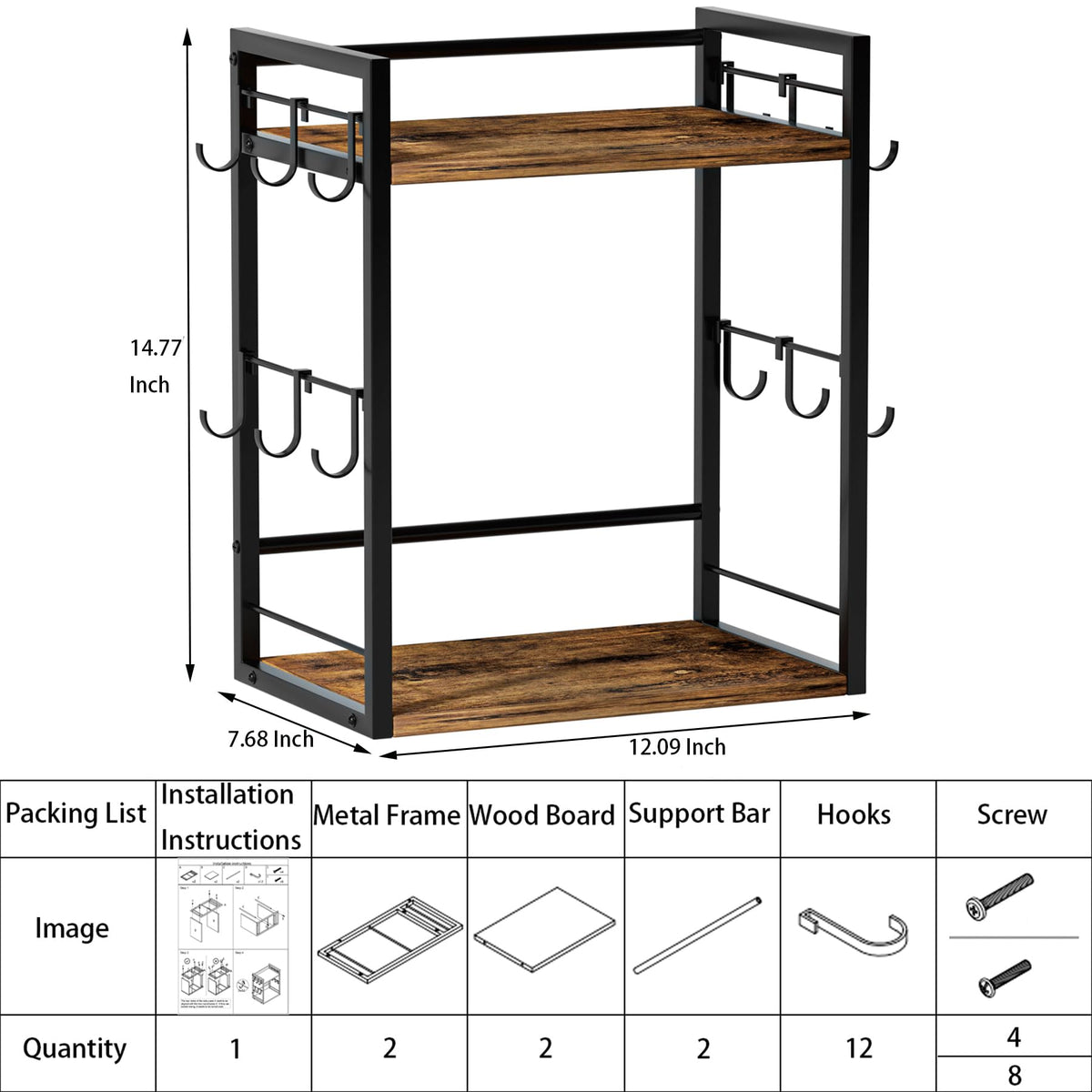 Dorhors coffee bar 12-hooks emphasizes ample mug hanging options for a tidy setup.