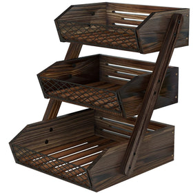 Dorhors 3-tier wooden fruit basket on kitchen counter for organized fruit display.