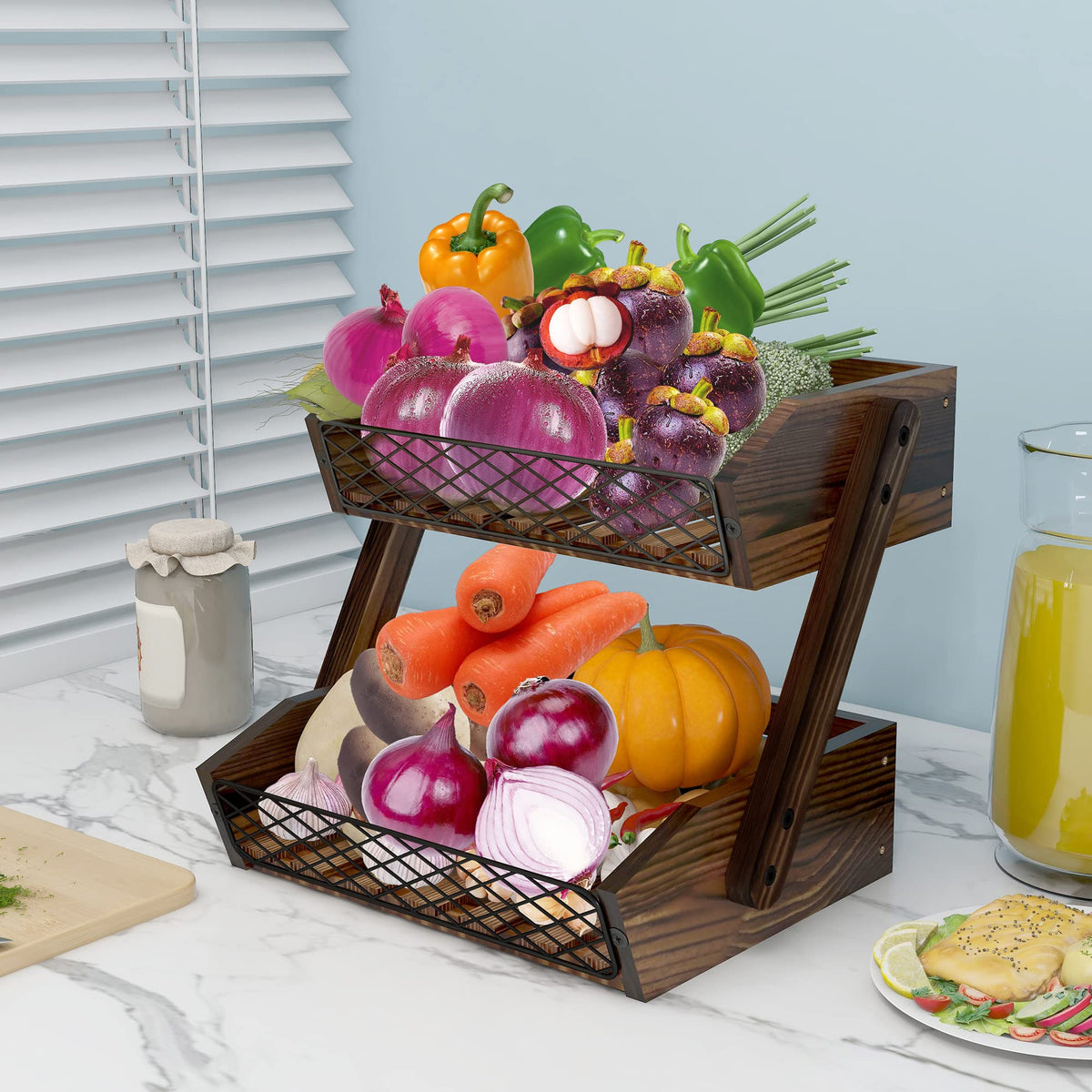 Dorhors rustic wood and metal fruit basket enhances decor while storing vegetables