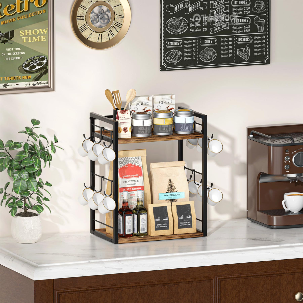Dorhors wood coffee station organizer highlights rustic wood finish for stylish countertop storage.