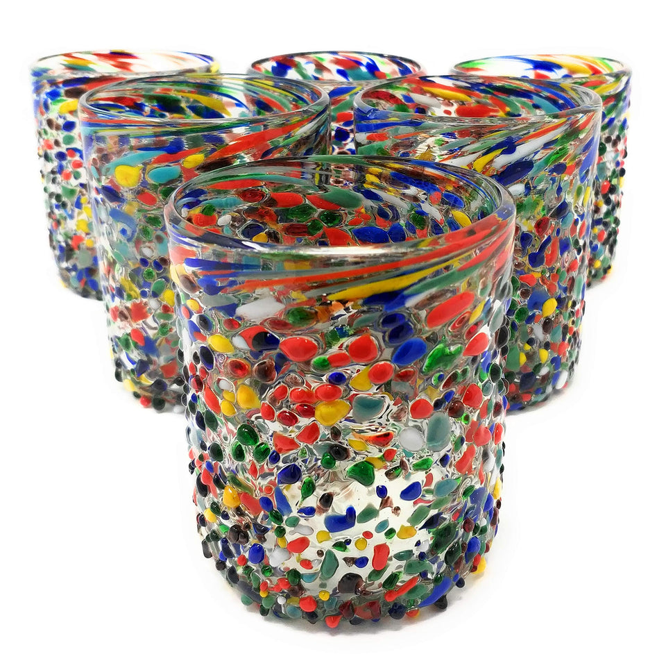 Dos Sueños confetti rock tumblers, 6-pack, ideal for festive entertaining.