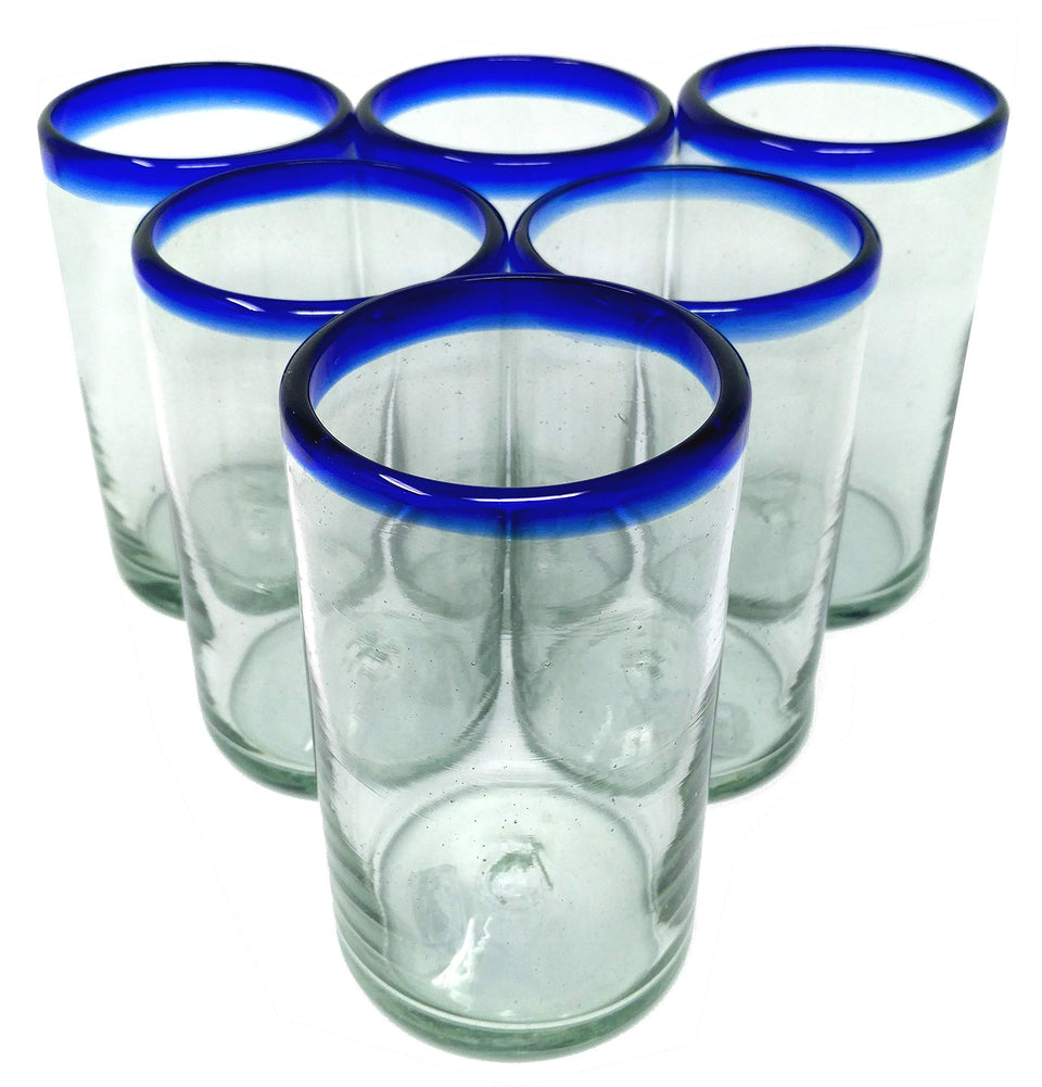 Dos Sueños hand-blown glasses with cobalt blue rims for stylish gatherings.