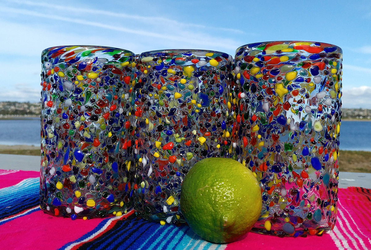 Dos Sueños hand blown glass with textured confetti rock, party-ready
